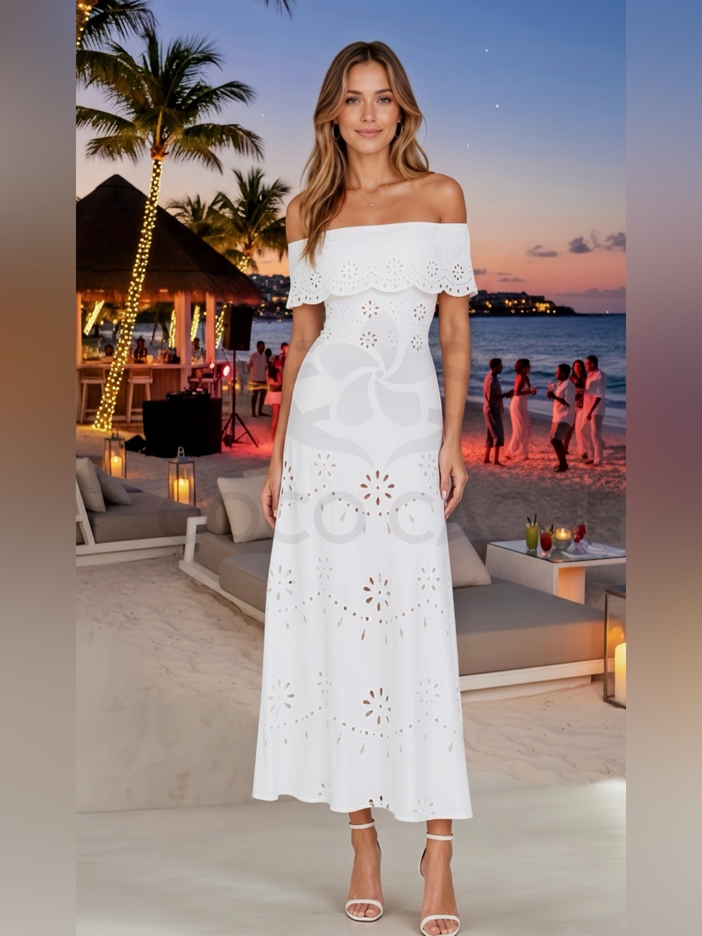 Elegant White Off-Shoulder Swimsuit & Skirt Midi Beach Dress Two Piece Set